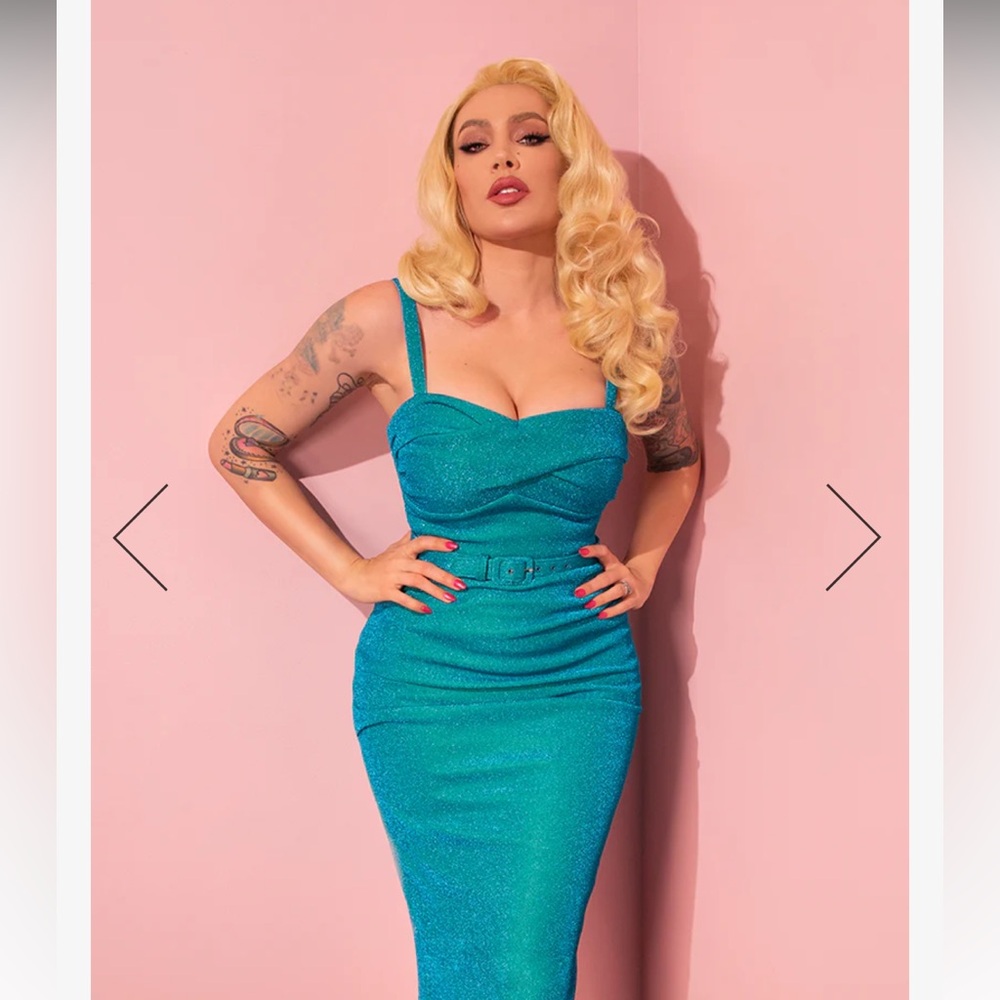 Vixen by Micheline Pitt Teal Midi Cocktail Dress